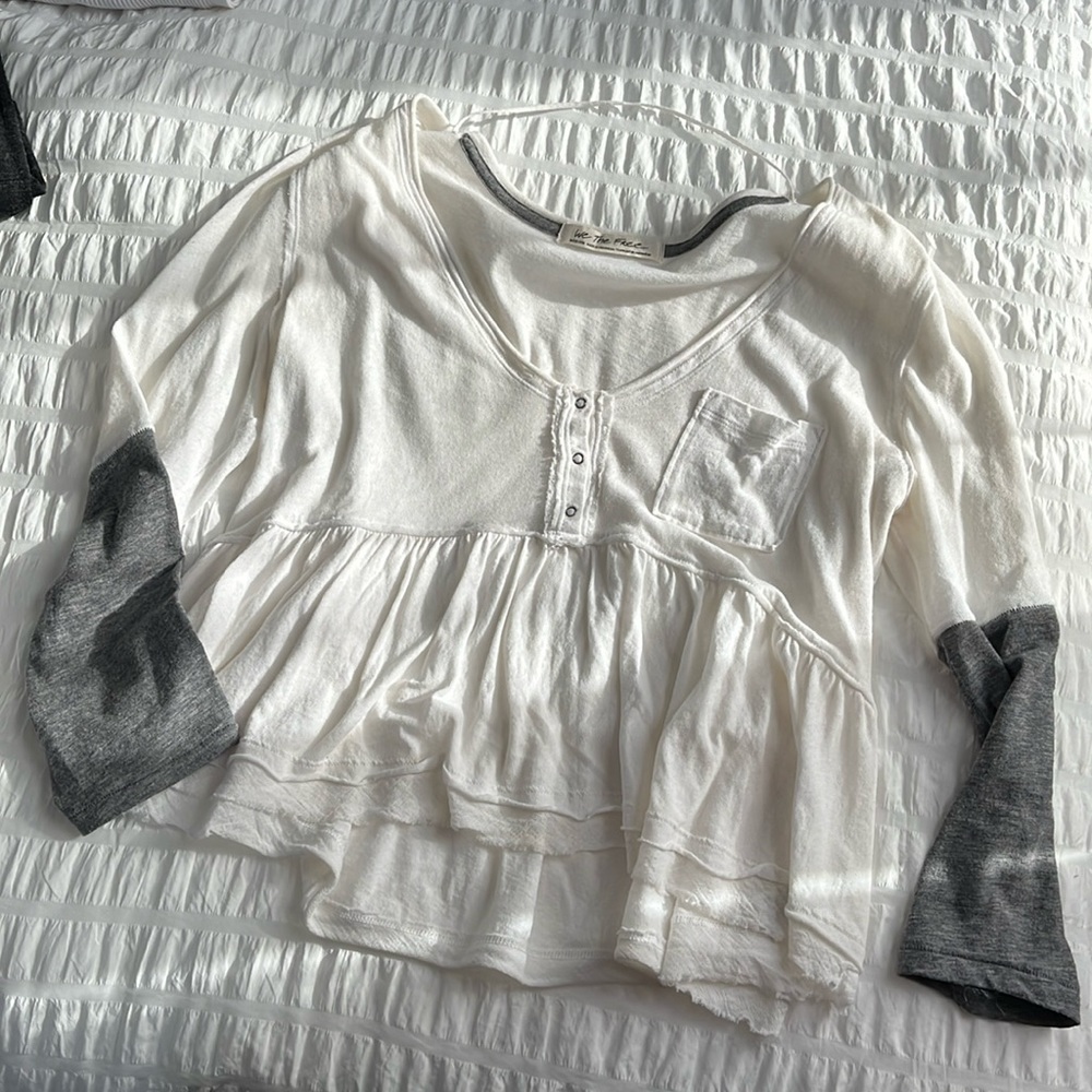 We The Free White Peplum Long Sleeve Tee with Gray Elbow Panels